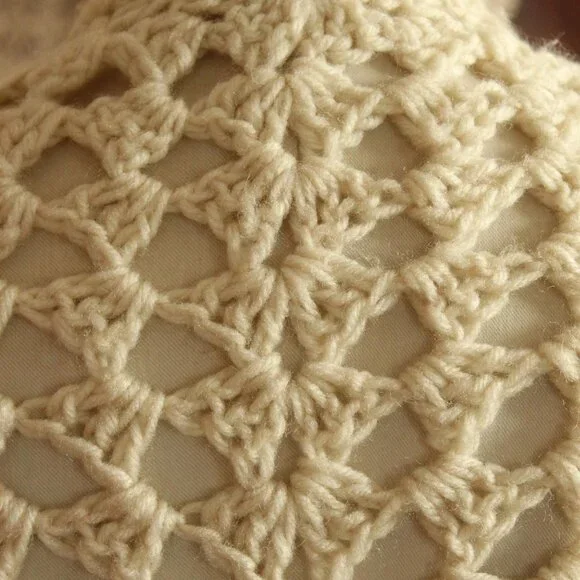 Vintage 1960s 1970s Shawl, Ivory Knit with Fringe Cape or Wrap
